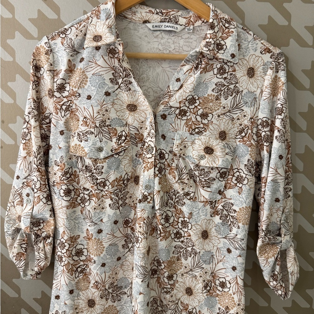Emily Daniel Floral Button Down Shirt - Brown and Cream